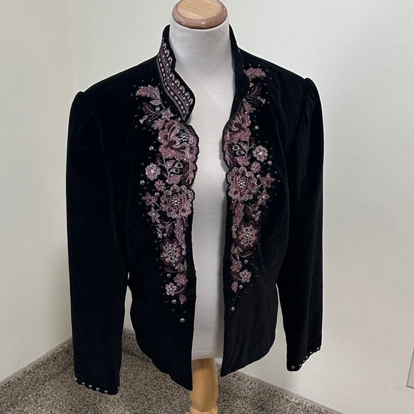 Bandolino Jackets & Blazers - Bandolino Black Velvet Jacket with Pink Floral Embroidery